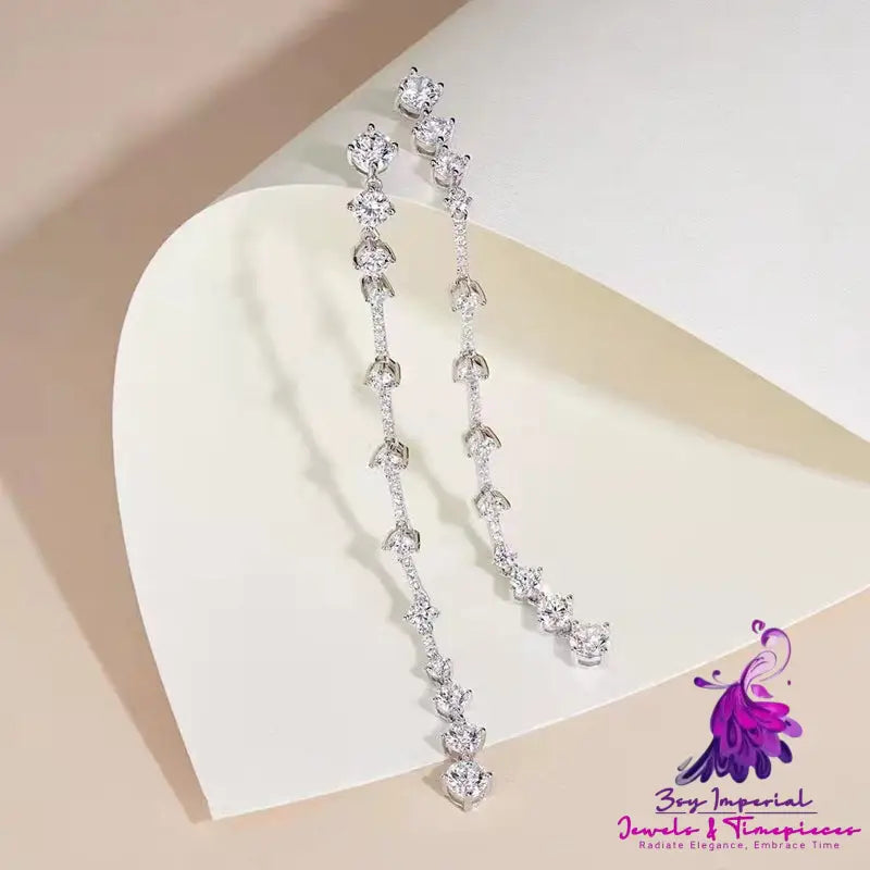 High Carbon Diamond Long Silver Earrings