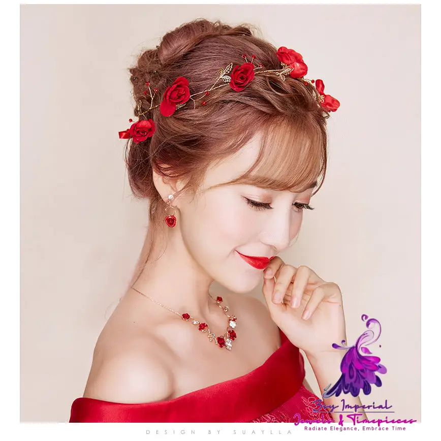 Korean Bridal Red Rose Jewelry Set