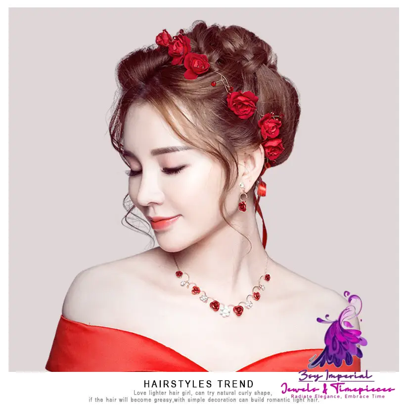 Korean Bridal Red Rose Jewelry Set