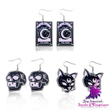 Halloween Black Cat Skull Acrylic Earrings For Women