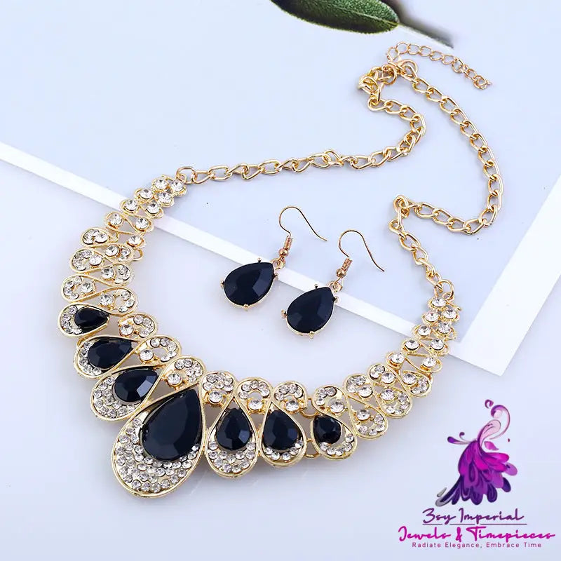 American Metal Gem Necklace Earrings Set