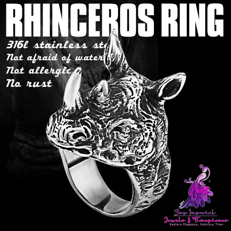 Men’s Stainless Steel Retro Animal Rhinoceros Head Ring