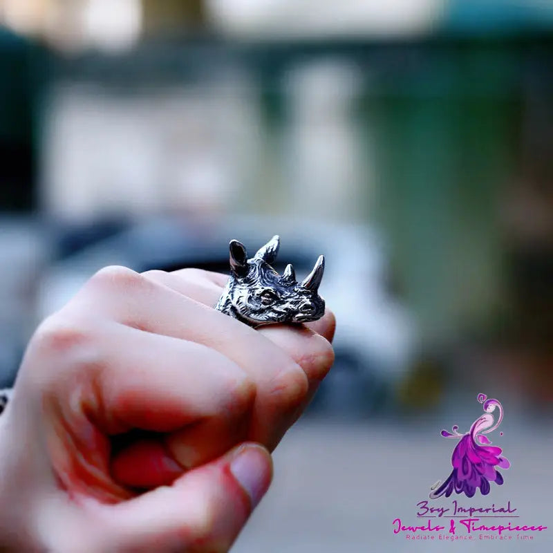 Men’s Stainless Steel Retro Animal Rhinoceros Head Ring