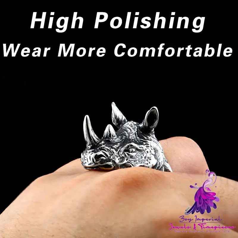 Men’s Stainless Steel Retro Animal Rhinoceros Head Ring