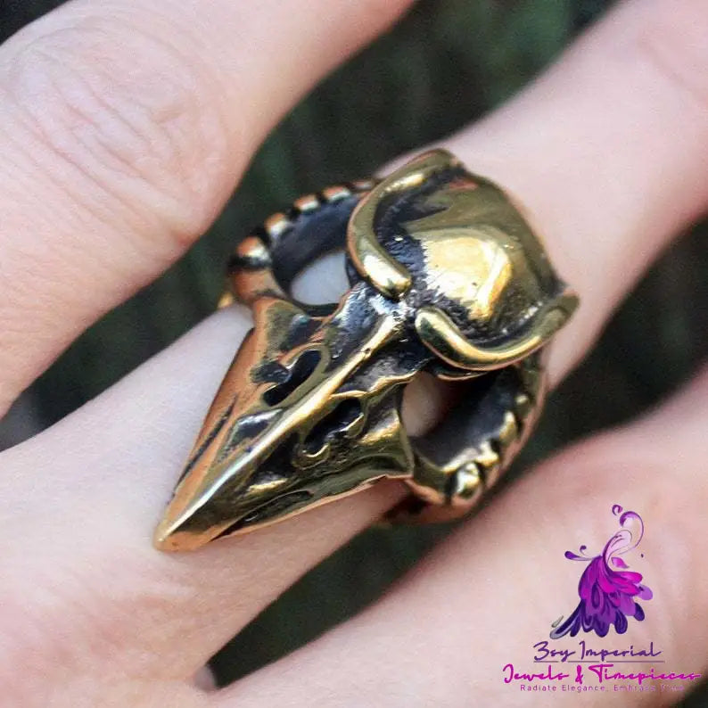 Men’s Halloween Antique Bronze Raven Bird Skull Ring