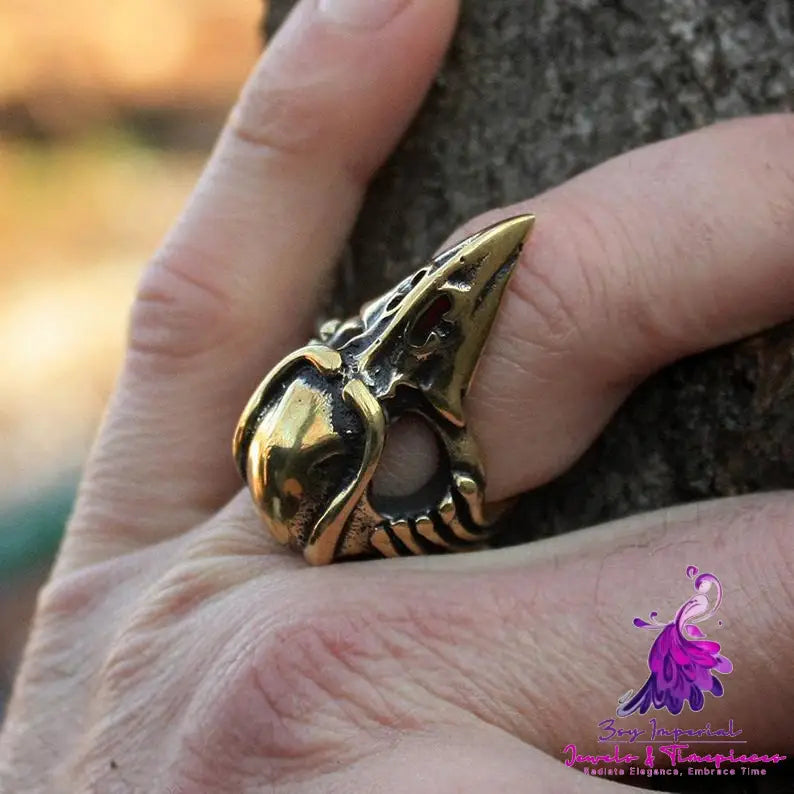 Men’s Halloween Antique Bronze Raven Bird Skull Ring