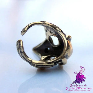 Men’s Halloween Antique Bronze Raven Bird Skull Ring