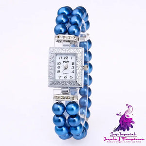 Artificial Glass Pearl Rectangular Bracelet Watch for Women