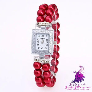 Artificial Glass Pearl Rectangular Bracelet Watch for Women