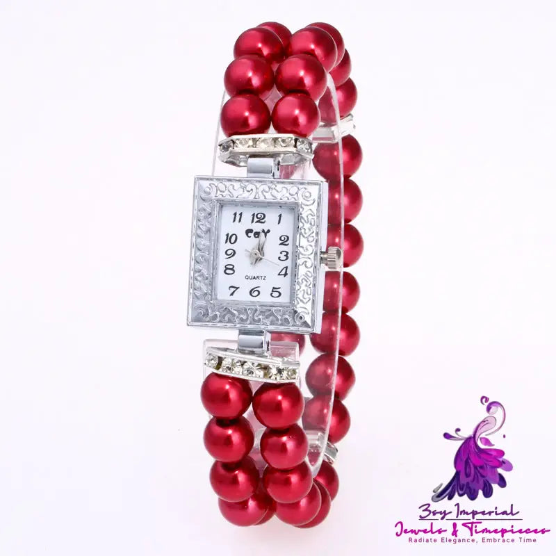 Artificial Glass Pearl Rectangular Bracelet Watch for Women