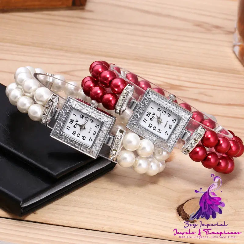 Artificial Glass Pearl Rectangular Bracelet Watch for Women