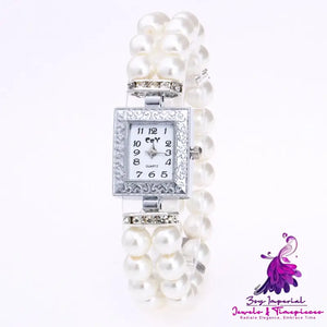 Artificial Glass Pearl Rectangular Bracelet Watch for Women