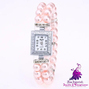 Artificial Glass Pearl Rectangular Bracelet Watch for Women