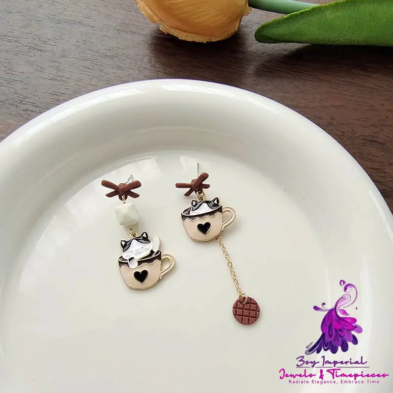 Teacup Kitty Asymmetrical Earrings