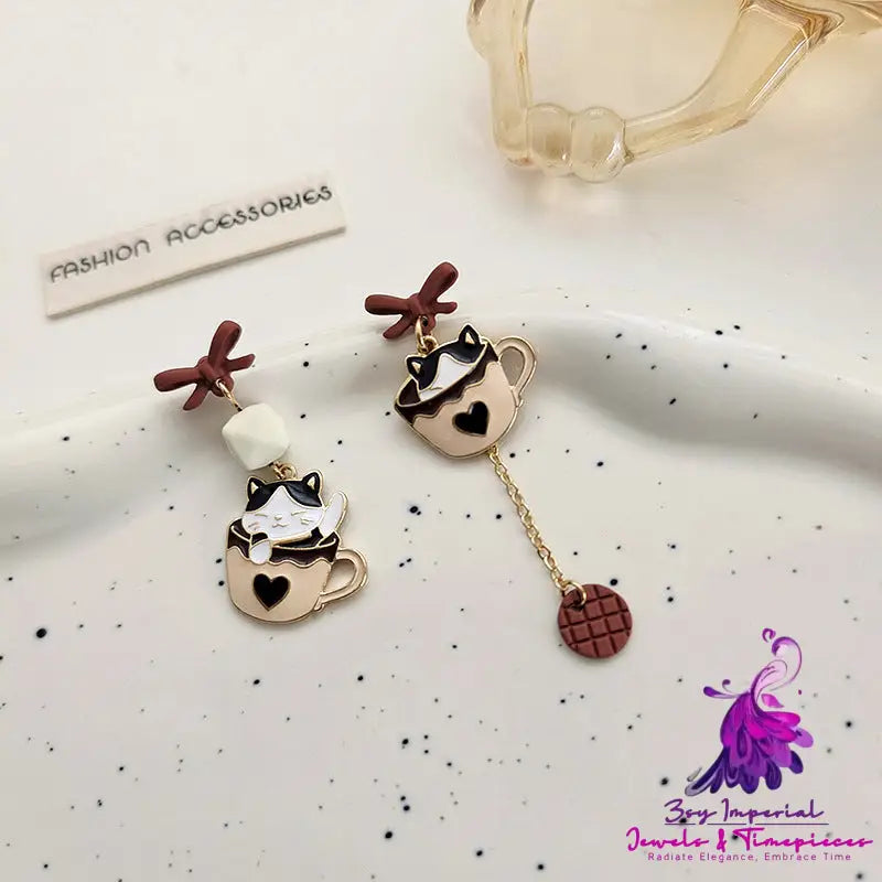 Teacup Kitty Asymmetrical Earrings