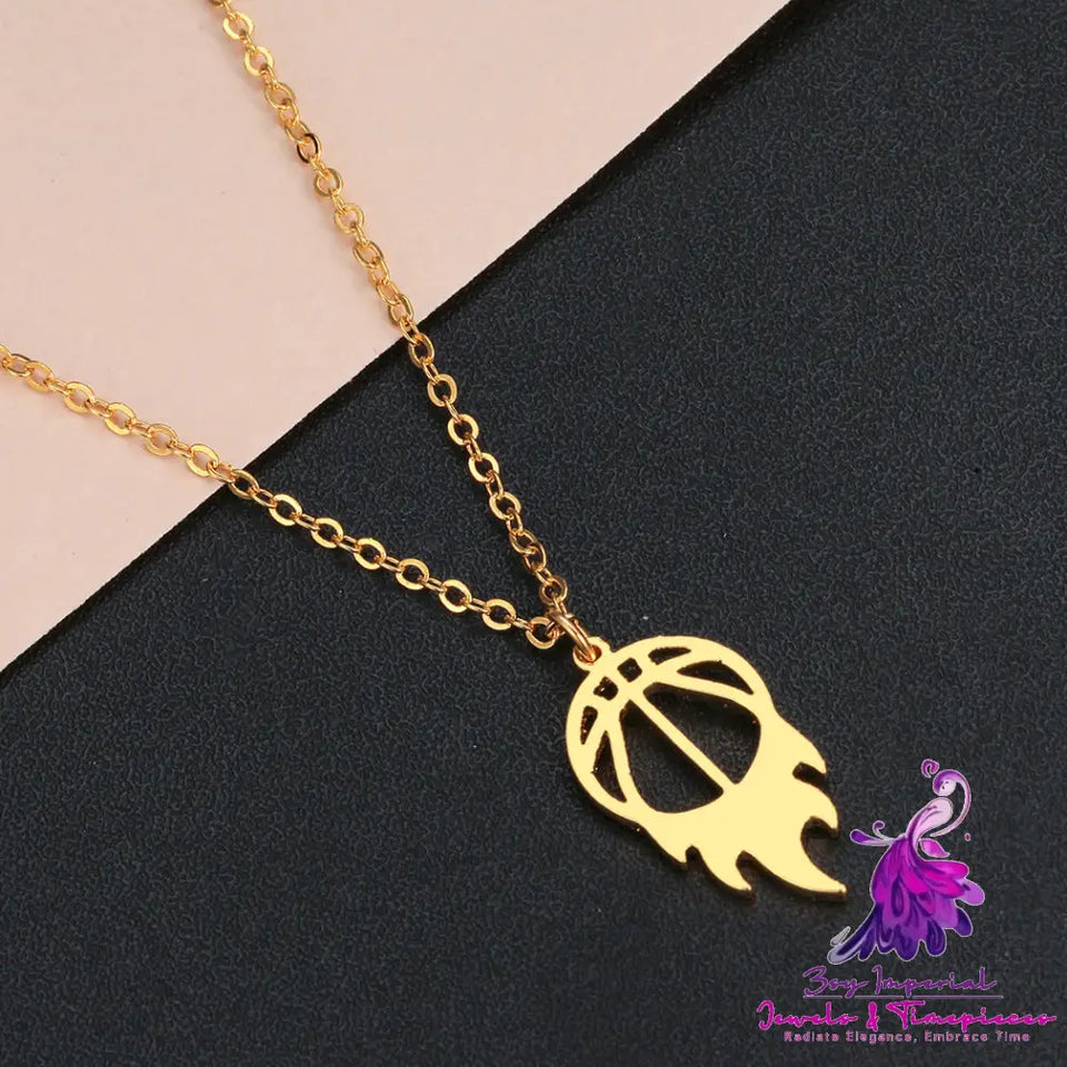 Round Fire Basketball Pendant Necklace for Women