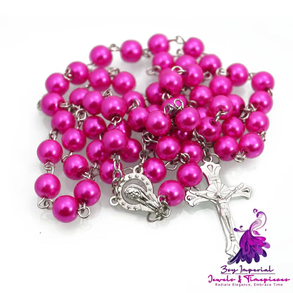 8MM Bead Pearl Cross Necklace