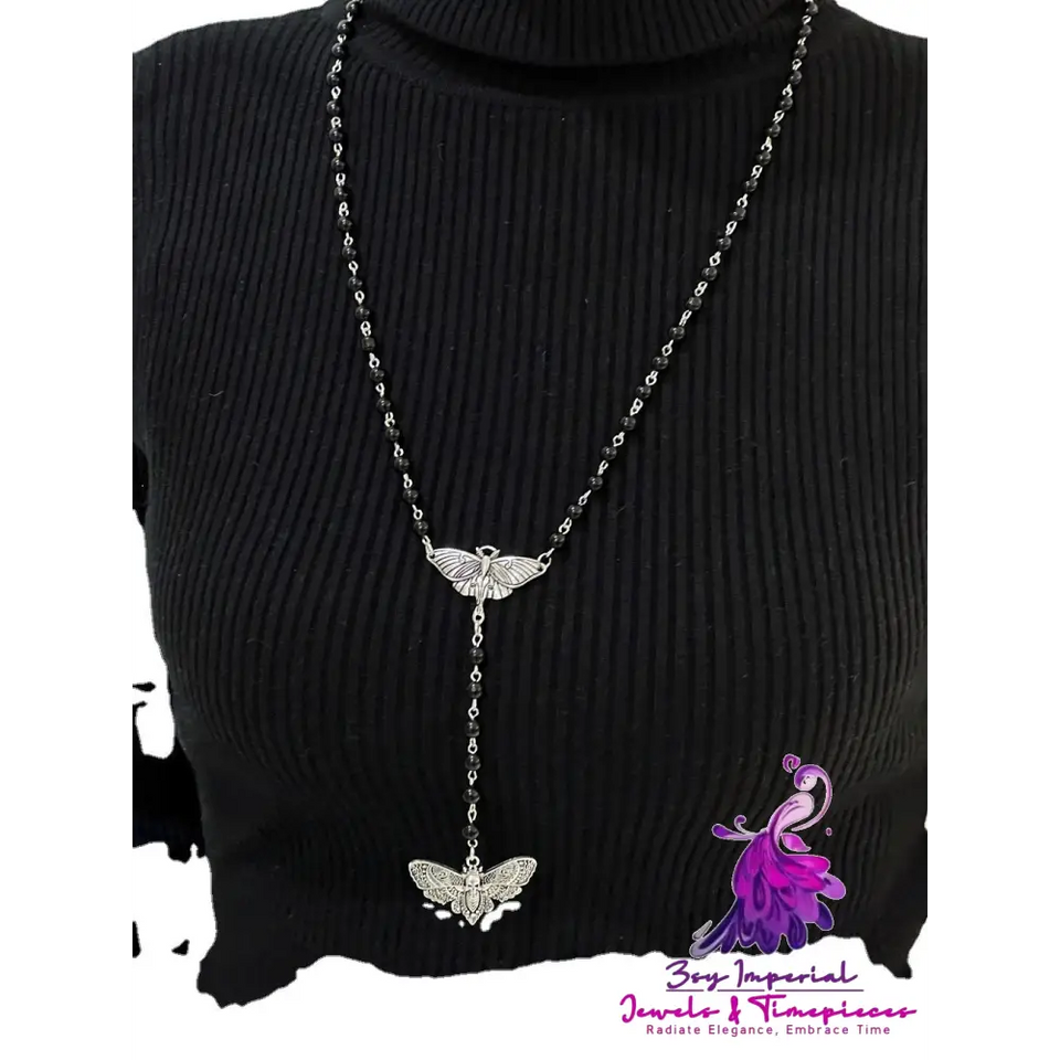 Gothic Face Moth Black Bead Necklace Necklace