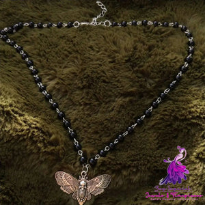 Gothic Face Moth Black Bead Necklace Necklace