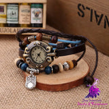 Elegant Beaded Leather Bracelet Quartz Watch for Women