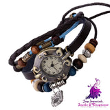 Elegant Beaded Leather Bracelet Quartz Watch for Women