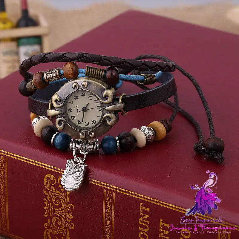 Elegant Beaded Leather Bracelet Quartz Watch for Women