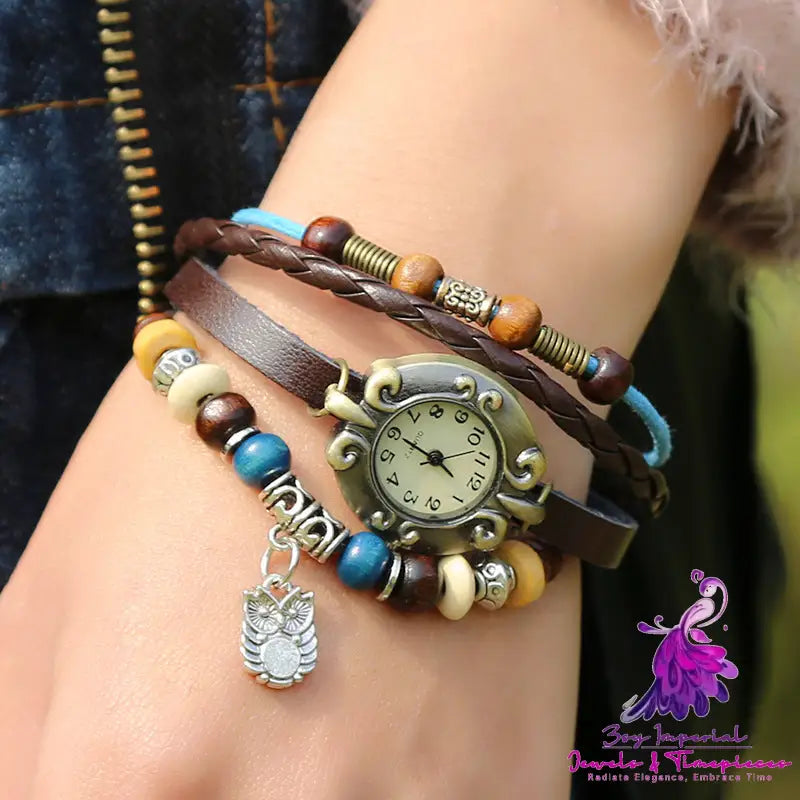 Elegant Beaded Leather Bracelet Quartz Watch for Women