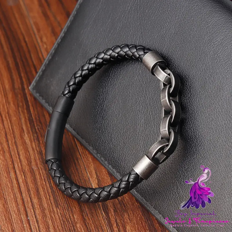 Black Genuine Leather Chain Bracelet Magnetic Buckle