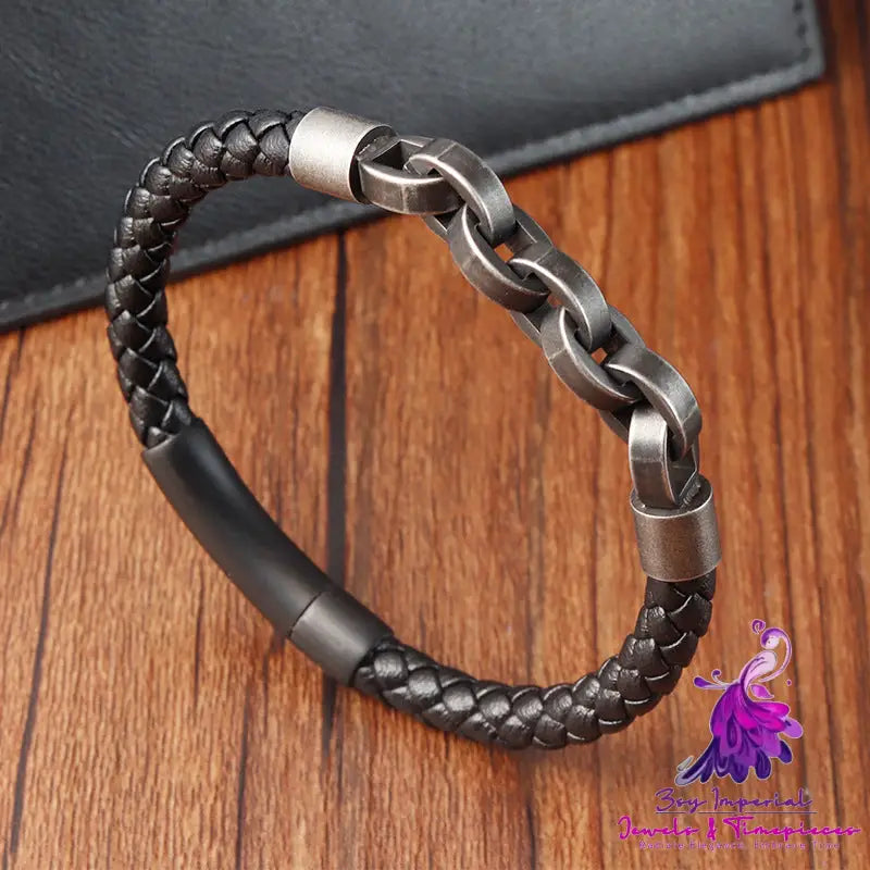 Black Genuine Leather Chain Bracelet Magnetic Buckle