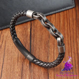 Black Genuine Leather Chain Bracelet Magnetic Buckle