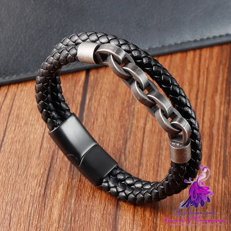 Black Genuine Leather Chain Bracelet Magnetic Buckle