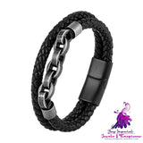 Black Genuine Leather Chain Bracelet Magnetic Buckle