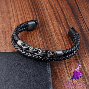 Black Genuine Leather Chain Bracelet Magnetic Buckle