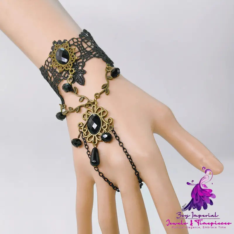 Black Lace Bracelet with Crystal Beads