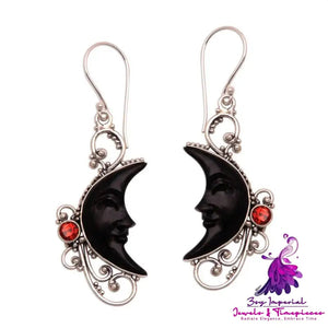 Hollowed Fashion Carved Gem Black Moon Earrings