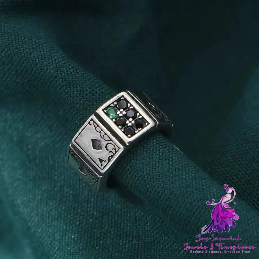 Inlaid Zircon Black Peach A Playing Card Ring Retro Hip Hop