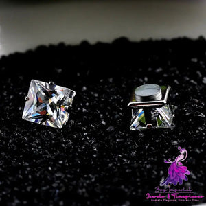 Popular Square Black And White Zircon Magnet Ear Studs