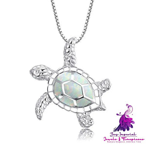 Silver Blue Opal Sea Turtle Necklace