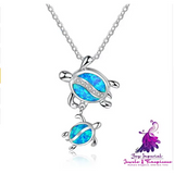 Silver Blue Opal Sea Turtle Necklace