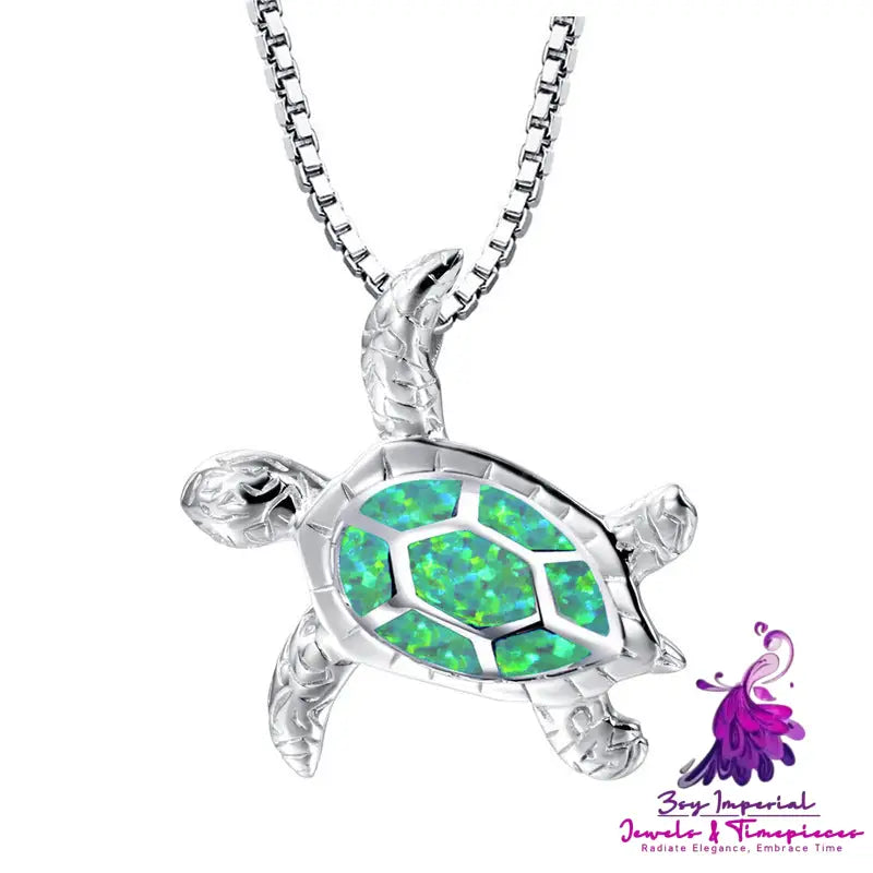 Silver Blue Opal Sea Turtle Necklace