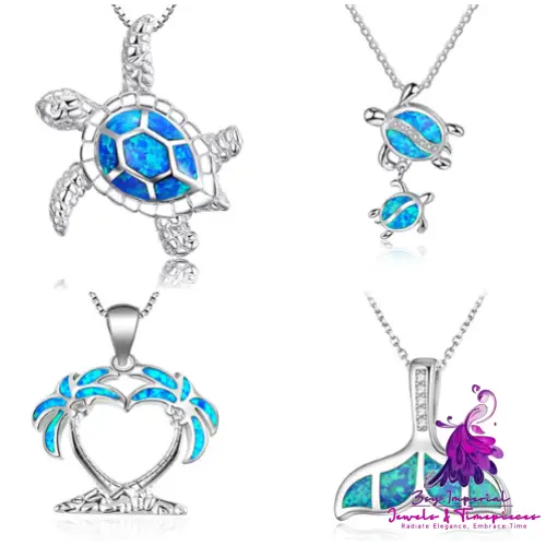 Silver Blue Opal Sea Turtle Necklace