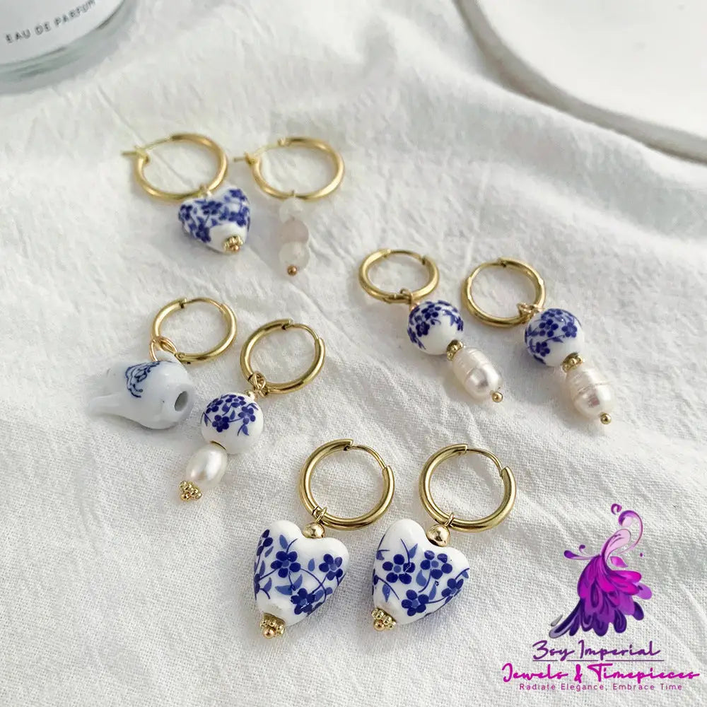 Retro Blue and White Porcelain Earrings