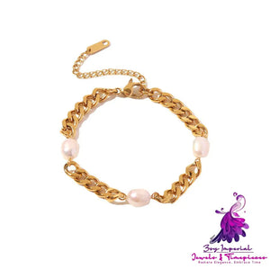 Stainless Steel Cuban Link Chain Three Pearl Fashion Simple