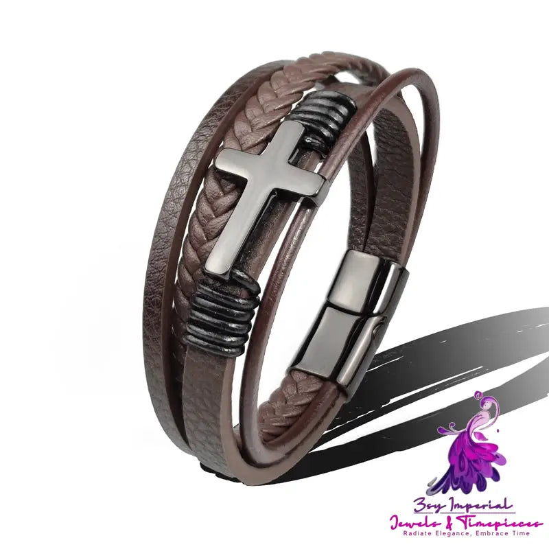 Stainless Steel Leather Cross Brown Black Bracelet Men