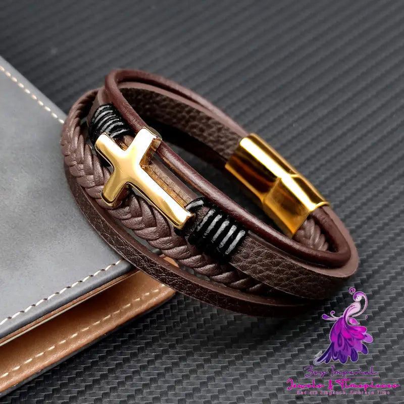 Stainless Steel Leather Cross Brown Black Bracelet Men