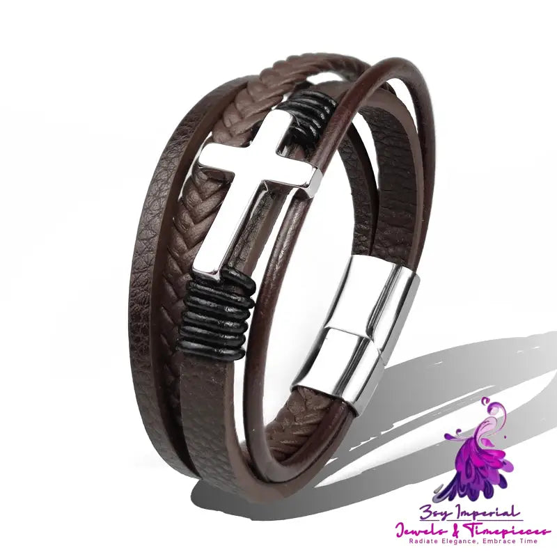 Stainless Steel Leather Cross Brown Black Bracelet Men