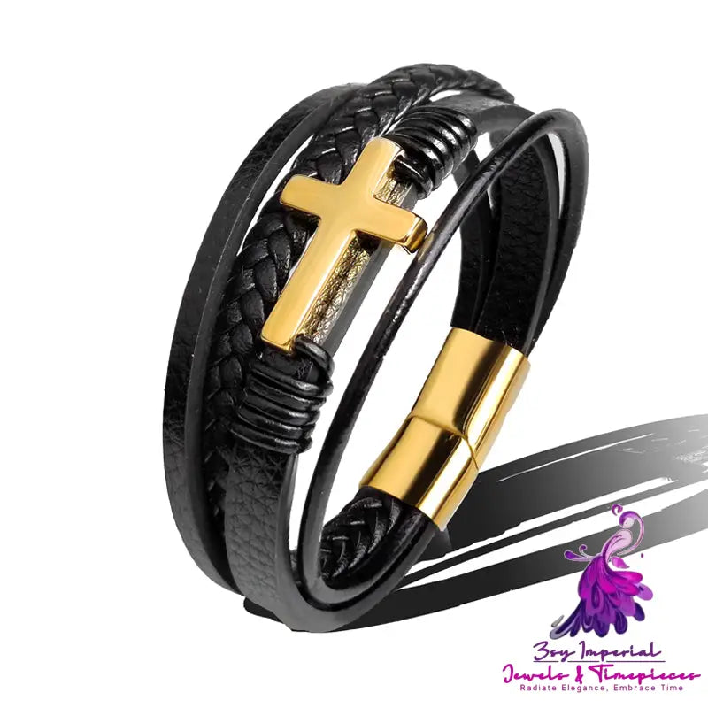 Stainless Steel Leather Cross Brown Black Bracelet Men