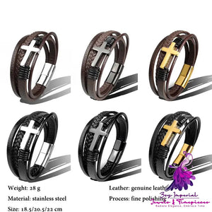 Stainless Steel Leather Cross Brown Black Bracelet Men