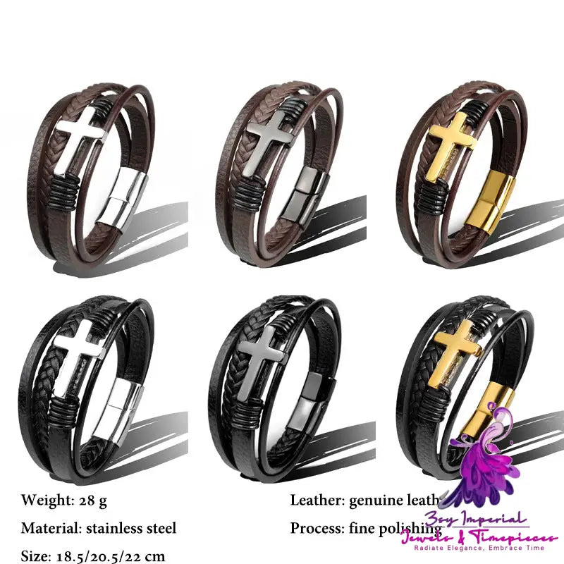 Stainless Steel Leather Cross Brown Black Bracelet Men