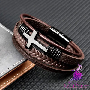 Stainless Steel Leather Cross Brown Black Bracelet Men